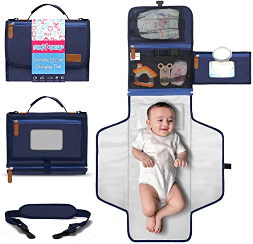 Image of Portable Changing Pad with Shoulder Strap - Detachable Travel Changing Pad - Baby Shower Gifts - Fully Padded & Lightweight - Baby Boy Gifts - Diaper Changing Pad - Changing Mat 27"x22" - Blue