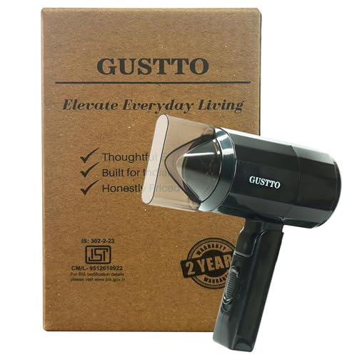 Image of GUSTTO Foldable Hair Dryer, 1100W, 2 Heat and Speed Settings, Compact Travel Size with Hanging Ring (Hexagonal Black), BIS Certified