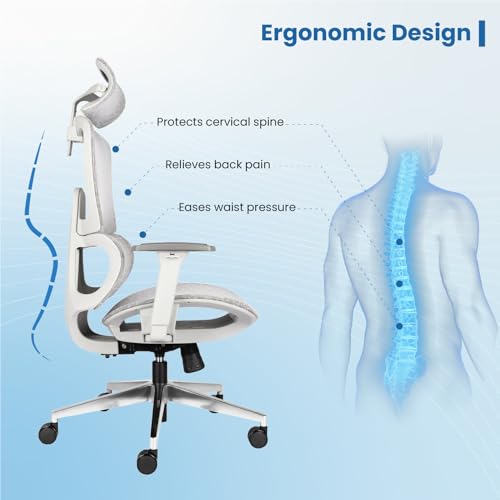 Image of Vergo Breathe Korean Mesh Office Chair High Back, Lumbar Support, Adjustable Armrest, Seat Slider, Tilt Lock Mechanism, Aluminum Base, Ergonomic Work from Home, Desk Chair, 3 Years Warranty (Grey)