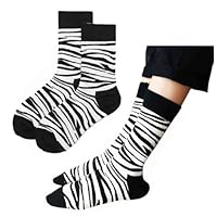 2 Pairs Women Soft Cozy Organic Cotton Zebra Animal Print Socks Calf Crew Pattern Graphic Casual Spring Fall Winter Outdoor Christmas Holiday Gifts Black White