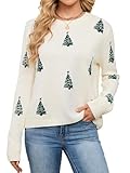 SunnyMelody Womens Ugly Christmas Sweater Tree Print Sweaters for Women Fall Winter 2025 Trendy Holiday Party Funny Cute Cozy Crew Neck Long Sleeve Ribbed Knit Xmas Pullover Tops White-01 M