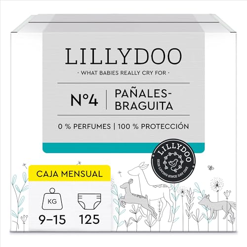 Pannolini a mutandina LILLYDOO, taglia 4 (9-15 kg), Pacco Mensile (125 pannolini a mutandina) Confezione da 5 x 25 pannolini