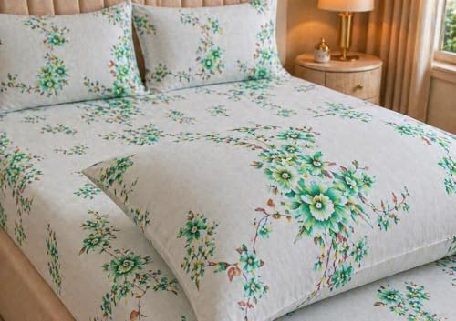 Image of Castiqa Elastic Fitted Supersoft Premium Brushed Cotton 200TC King Size Bedsheets with 2 Pillow Covers (Fits Upto Mattress of 10 Inches) (King (72x78), Onion Floral)