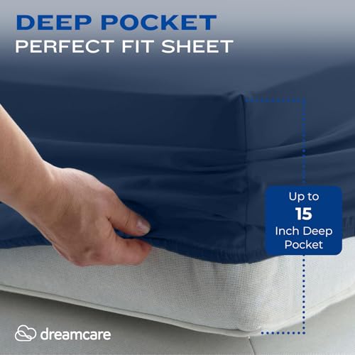 Image of DREAMCARE King Size Sheets Set - 4 pcs Breathable Cooling Sheets - up to 15 inch Deep Pocket King Sheet Set with Side Pockets - Extra Soft 100% Brushed Hypoallergenic Hotel Luxury Bedding Navy Blue