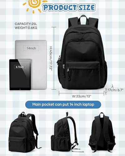 winspansy Backpack for School Teenage Girls Boys,Waterproof Lightweight School Bags Travel Daypack Simple Cute College Backpack Rucksack for Women Men fit 14 Inch Laptop,Black3