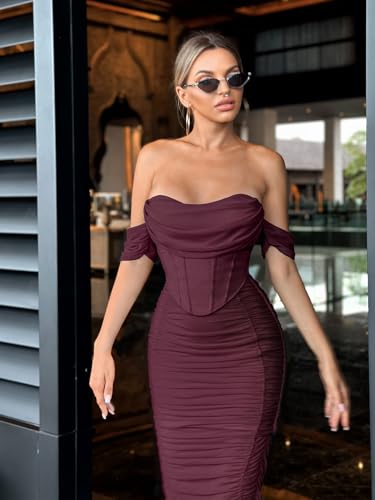 Women's Off The Shoulder Cocktail Midi Dress Built-in Bra Ruched Bodycon Corset Fall Homecoming Wedding Guest4