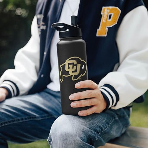 Image of Logo Brands NCAA Colorado Buffaloes 34oz Logo Quencher Flip Top Water Bottle - Double-Wall Insulated, Stainless Steel, No-Spill Lid, Easy Carry Handle