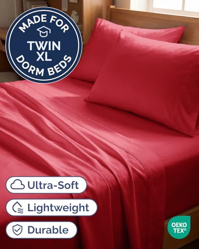 Image of Twin XL 4 Piece Sheet Set - College Dorm Room Essentials - Red | Ultra Soft Dorm Bedding Set, 8 inch to 16 inch Inch Deep Pockets, 1 Flat & 1 Fitted Sheet & 2 Pillowcases, Wrinkle & Fade Free