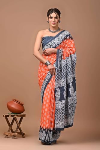 Image of Hand Block Printed Cotton Mulmul Saree | Soft Lightweight Summer Saree | Pure Cotton Traditional Indian Saree for Women