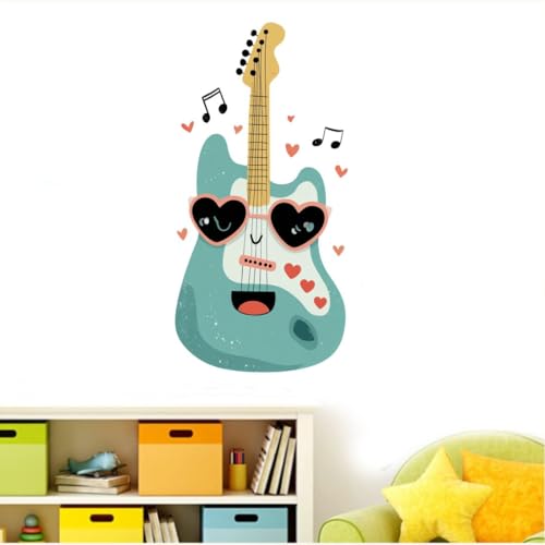 Image of Cute Smiling Guitar Wall Sticker | Cartoon Music Theme Self Adhesive Wall Decal for Ki-ds Room, Bedroom, Nursery & Playroom Decoration