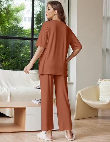 Image of Ekouaer Lounge Sets for Women Short Sleeve Tops and Long Pants Soft Comfy Pajamas Set 2 Piece Outfits