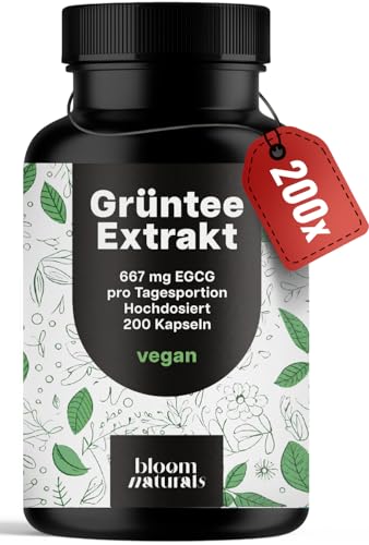 Grüntee Extrakt Kapseln hochdosiert 200 Kapseln 1333 mg Grünteeblattextrakt pro Tagesportion davon 667 mg EGCG mit schwarzem Pfeffer vegan Produziert in Deutschland