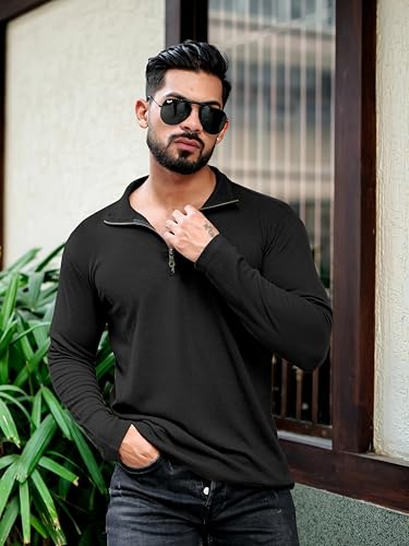 KAJARU Men's Polyester Blend T Shirt with Spread Collar Neck Line Zipper Closure Full Sleeves Solid Pattern Regular Fit and Standard Length 4 41YwSX1JZIL