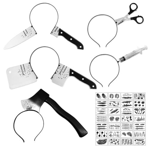 ROSAUI Messer im Kopf 5X Halloween Haarreif Halloween Haarschmuck für Damen 30X Narben Halloween Tattoos gruselige Mädchen Halloween Kostüm Accessoire für Herren bei der Halloween Party
