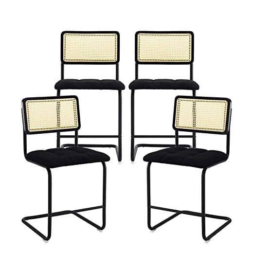 Halucky Rattan Bar Stools Set of 4, Mid-Century Modern Counter Height Stools with Cane Backrest, Black Boucle Upholstered Barstools Island Stool, Easy Assemble
