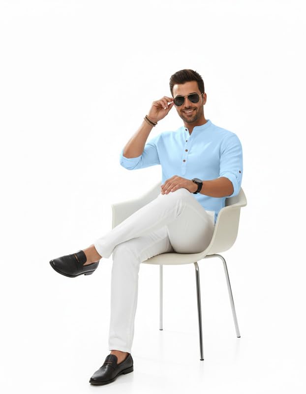 Image of Macsivo Men's Cotton Blend Solid Short Kurta with Regular Lenth Mandarin Neck Full Sleeves and roll-up tab| Kurta Style Shirt for Men