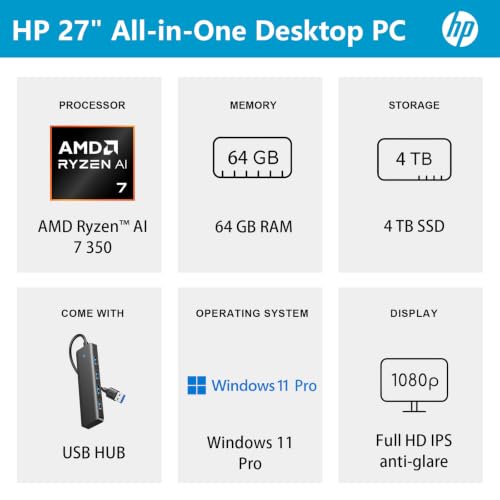 Image of HP 27 inch Touchscreen All-in-One Desktop PC, White | AMD Ryzen AI 7 350, 64GB DDR5 RAM, 4TB SSD, FHD Touch IPS Display, Wi-Fi 6