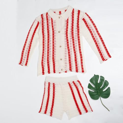 Image of Womens Fashion Stripe Knit Sweater Cardigan 2 Piece Outfits,Long Sleeved Woollen Cardigan and Shorts Suit