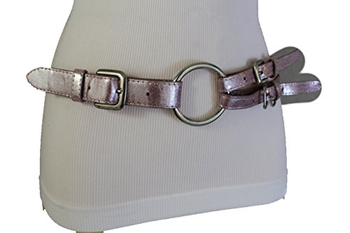 TFJ Women Fashion Double Silver Metal Buckles Rings Belt Hip Waist Metallic Pink S M3