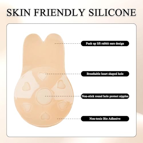 2 Pairs Invisible Lift Up Bra,Push Up Adhesive Bras,Rabbit Ears Sticky for Large Breasts,Reusable Breast Covers for Strapless Dress Lift,for Different Outfits and Occasions (Black,Skin Color)4