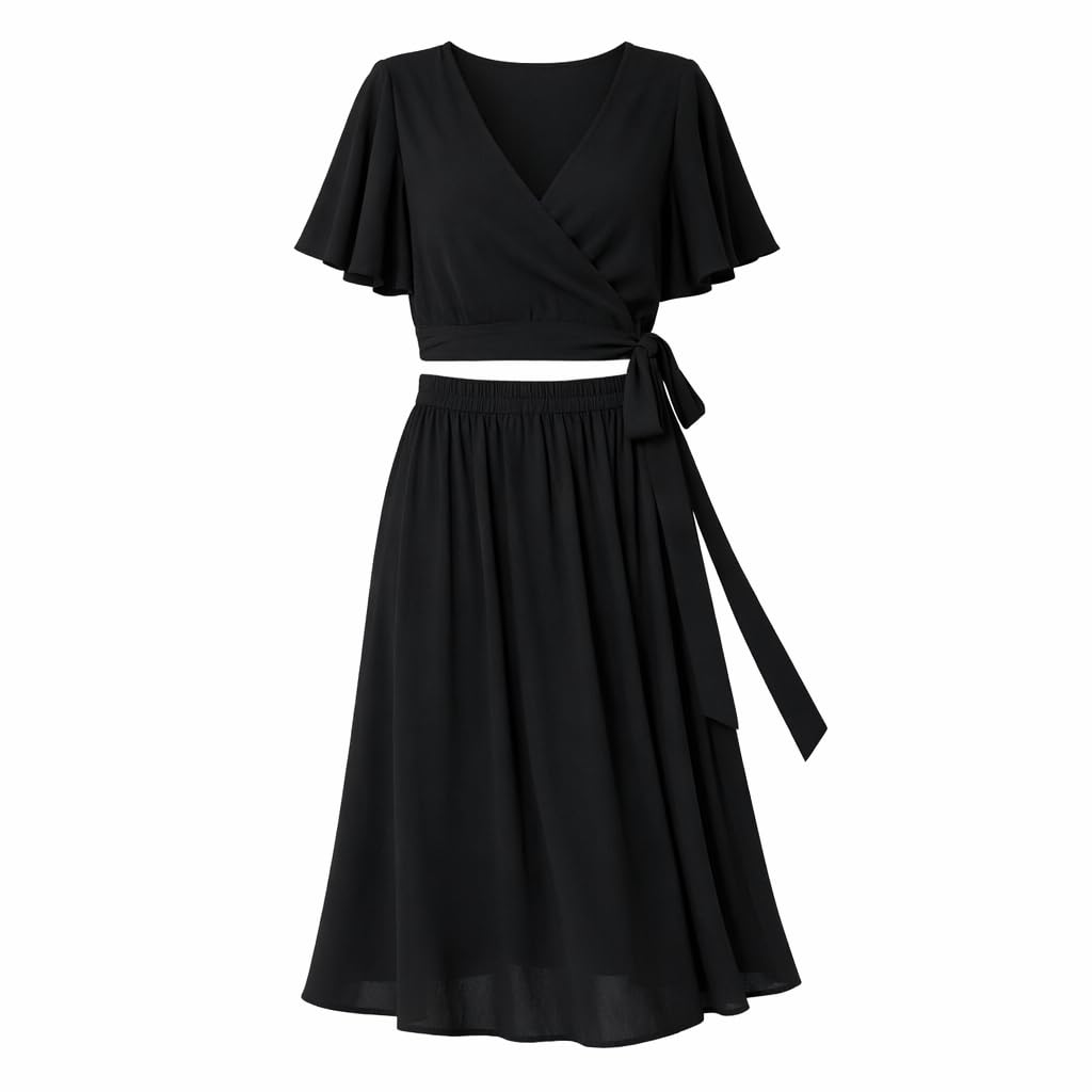 Women's Two-Piece Cotton Blend Crop Top and A-Line Midi Skirt Set, Casual Style, Regular Fit, Free Size