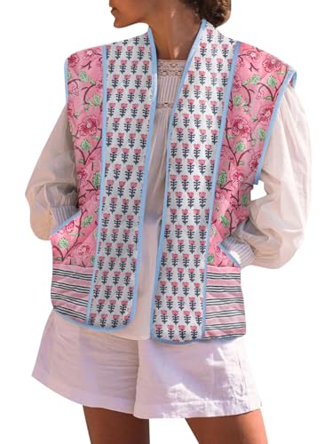 Tankaneo Womens Floral Quilted Puffer Vest Oversized Open Front Cap Sleeve Jacket Sleeveless Patchwork Outerwear