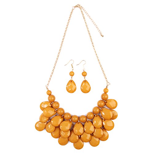 RIAH FASHION Chunky Acrylic Jewel Cluster Floating Bubble Statement Necklace - Teardrop Dangle Layered Bib Collar (Mustard Yellow)3