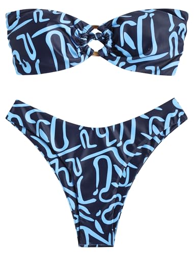 Image of ZAFUL Women's Bandeau Bikini O Ring Strapless Tie Back High Cut Two Piece Swimsuit Bathing Suits