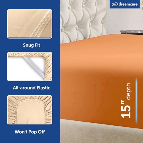 Image of DREAMCARE Queen Sheet Set - 4 pcs Breathable Cooling Sheets - up to 15 inch Deep Pocket Queen Sheets Set with Side Pockets - Extra Soft 100% Brushed Hypoallergenic Hotel Luxury Bedding - Terracota