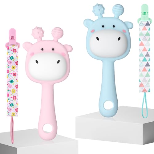 2 mordedores de silicona para bebés, mordedor de jirafa para aliviar la dentición, juguete para masticar para bebés para el dolor de encías, mordedores (0 – 6 meses)