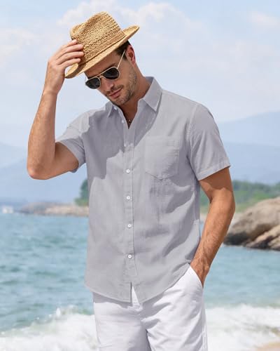 Image of J.VER Mens Linen Shirt Short Sleeve Button Down Casual Summer Shirts | Cotton Linen, Untucked, Big Tall, from Beach Camp Vacation, Cruise Fishing, Work Office, to Wedding Party Family, with Pocket