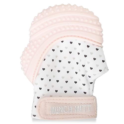 Malarkey Kids Munch Mitt Teething Mitten - The Original Mom-Invented Silicone Teether Mitten with Travel Bag – Pastel Pink