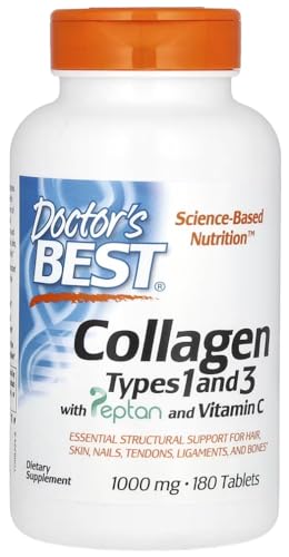 Doctor's Best - Collagène Types 1 et 3 avec Peptan et Vitamine C | Support naturel pour la santé des articulations et de la peau - 180 comprimés