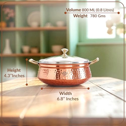 Indian Art Villa Steel Copper Hammered, Polished Design Handi/Casserole with Glass Lid & Brass Knob with Handle, Capacity - 700 ml, 1 Piece