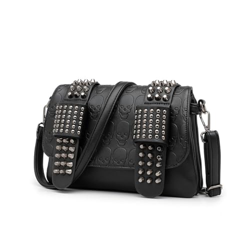 PU Leather Rivet Crossbody Bag Black Skull Shoulder Purse Handbag for Women