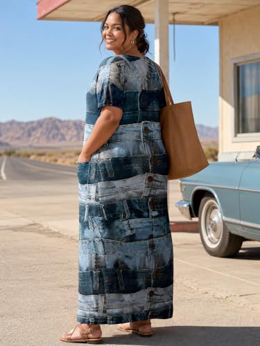 Image of SUZONANA Plus Size Denim Print Maxi Dresses for Women Casual V Neck Short Sleeve with Pockets Soft Jean Look Dress XL-6XL