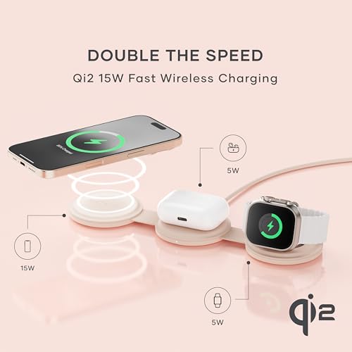 Image of Satechi OntheGo 3 in 1 Wireless Charger, Qi2 Portable Charger with 15W Fast Charging for iPhone 17 to 12 series, 5W for Apple Watch, and 5W for AirPods, Magnetic Travel Charging Station - Desert Rose