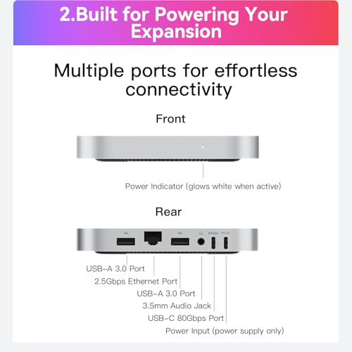 Image of Mate Mini-A 2TB for Mac mini M4 Dock, 80Gbps Thunderbolt 5 Aluminum Alloy Stand with Dual M.2 PCIe SSD Slots (Pre-installed 2TB NVMe, Expandable to 16TB, 2.5G LAN, USB-A 3.0, SD4.0, Silver)