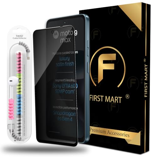 Image of FIRST MART Privacy Tempered Glass for Motorola G Max with Cable Guard & Installation Kit | Anti-Spy 9H Screen Protector, Edge-to-Edge, Case-Friendly | Black