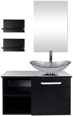 YOURLITE 28" Wall Mounted Bathroom Vanity Modern Lavatory Wood Cabinet with Mirror Silver Boat Tempered Glass Sink Combo Vanities Set