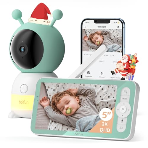 Image of BOIFUN 2K 5" Video Baby Monitor WiFi, 360 View Baby Camera with Night Light, Via Smartphone App and Screen Control, AI Motion & Sound Detection, Auto Tracking, Two-Way Talk,3000mAh Battery