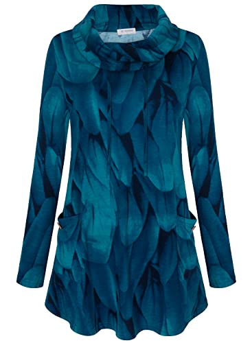 Bulotus Fall Sweaters for Women 2025 Cowl Neck Asymmetrical Long Tunics for Leggings Vacation Travel Tops with Pockets