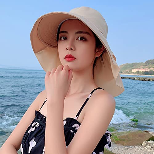 Image of SANNIDHI Polyester Sun Hats for Women Girls Fashion Wide Brim Hat Sun Uv Protection Summer Hats with Ponytail Hole Back Neck Flap Cover Cap Beach Hat for Women-Beige, Free Size