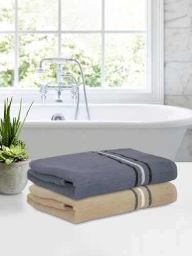 Image of Cortina 480 GSM Ultra Soft, Super Absorbent, Antibacterial Treatment, 100% Cotton Large Bath Towel, 70 cms x 140 cms (Grey /Beige, Set of 2)