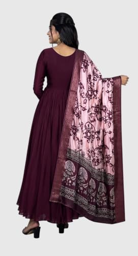 Image of Women's Ethnic Anarkali Kurta Set | Premium Vichitra Silk Gown with Printed Mayura Silk Kalamkari Dupatta Brown