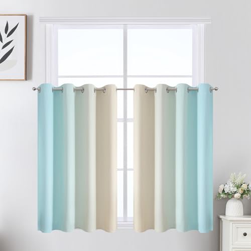 Image of Estelar Textiler Beige and Aqua Ombre Short Blackout Cafe Curtains 36 Inch Length, Thermal Insulated Grommet Small Half Window Drapes for Kitchen /Basement /RV Camper, 52Wx36L, 2 Panels