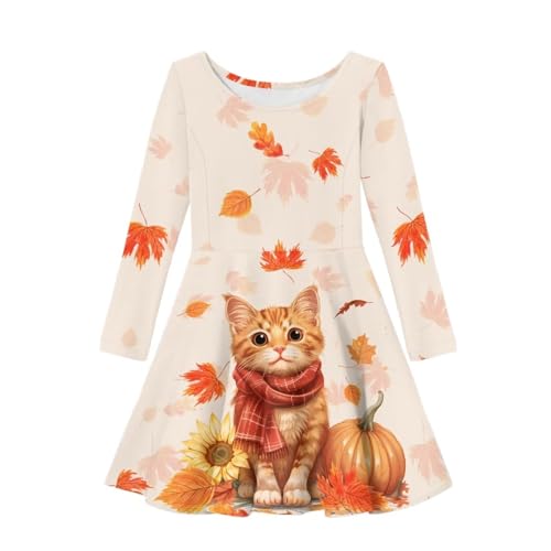 Kids Swing Skater Thanksgiving Dresses Cute Cat Print Casual Long Sleeve Twirly A-Line Dress for Girls 9-10 Maple Leaves Graphic Thanksgiving Fall Outfits School Home Daily Novelty