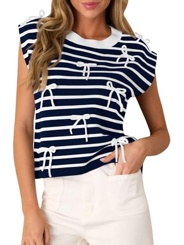 Saodimallsu Womens Striped Bow Top Cap Sleeve Summer Cute Crewneck Going Out Lightweight Knit Sweater Vest Tops