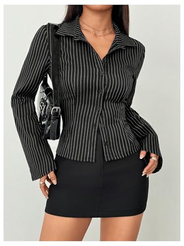 Floerns Women's Striped Button Down Shirts Long Sleeve Business Casual Blouse Top4