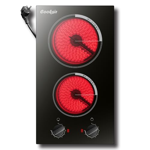 Cooksir Piano Cottura in Vetroceramica Cooksir a 2 Piastre con Spina, Piano Cottura Domino con Manopola, Piano Cottura in Ceramica, 29CM, 3000W, Spegnimento Automatico, 9 Livelli di Potenza